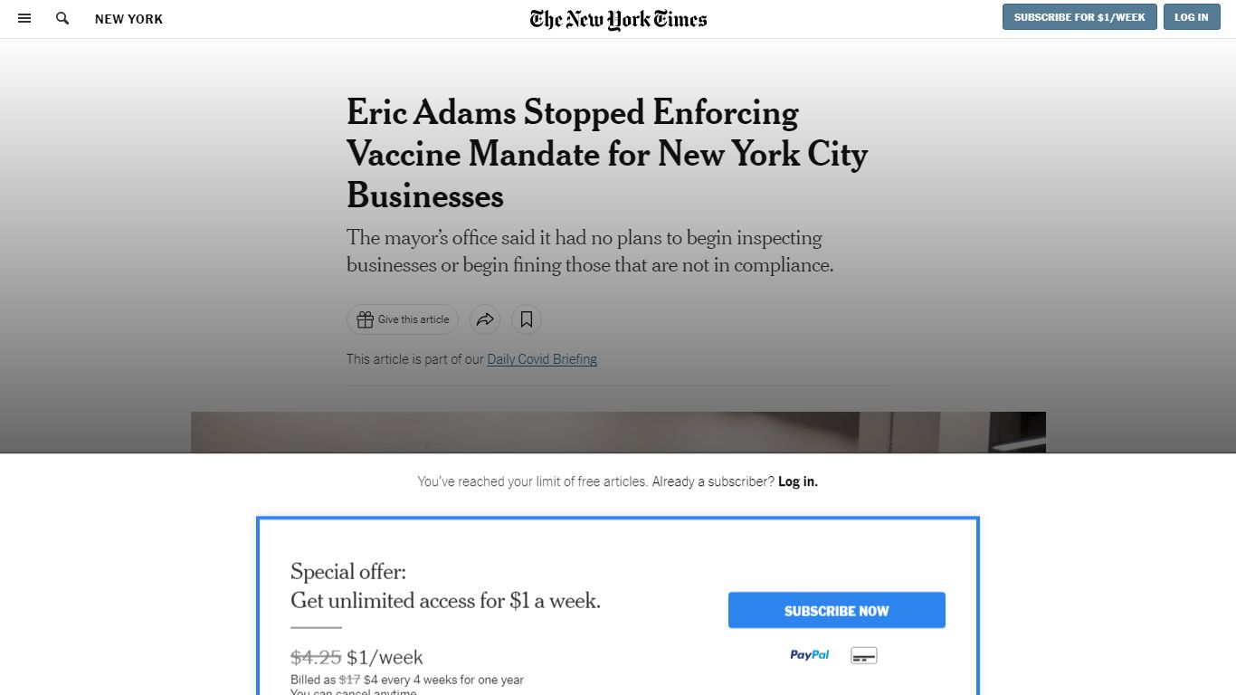 Eric Adams Stopped Enforcing Vaccine Mandate for New York City Businesses